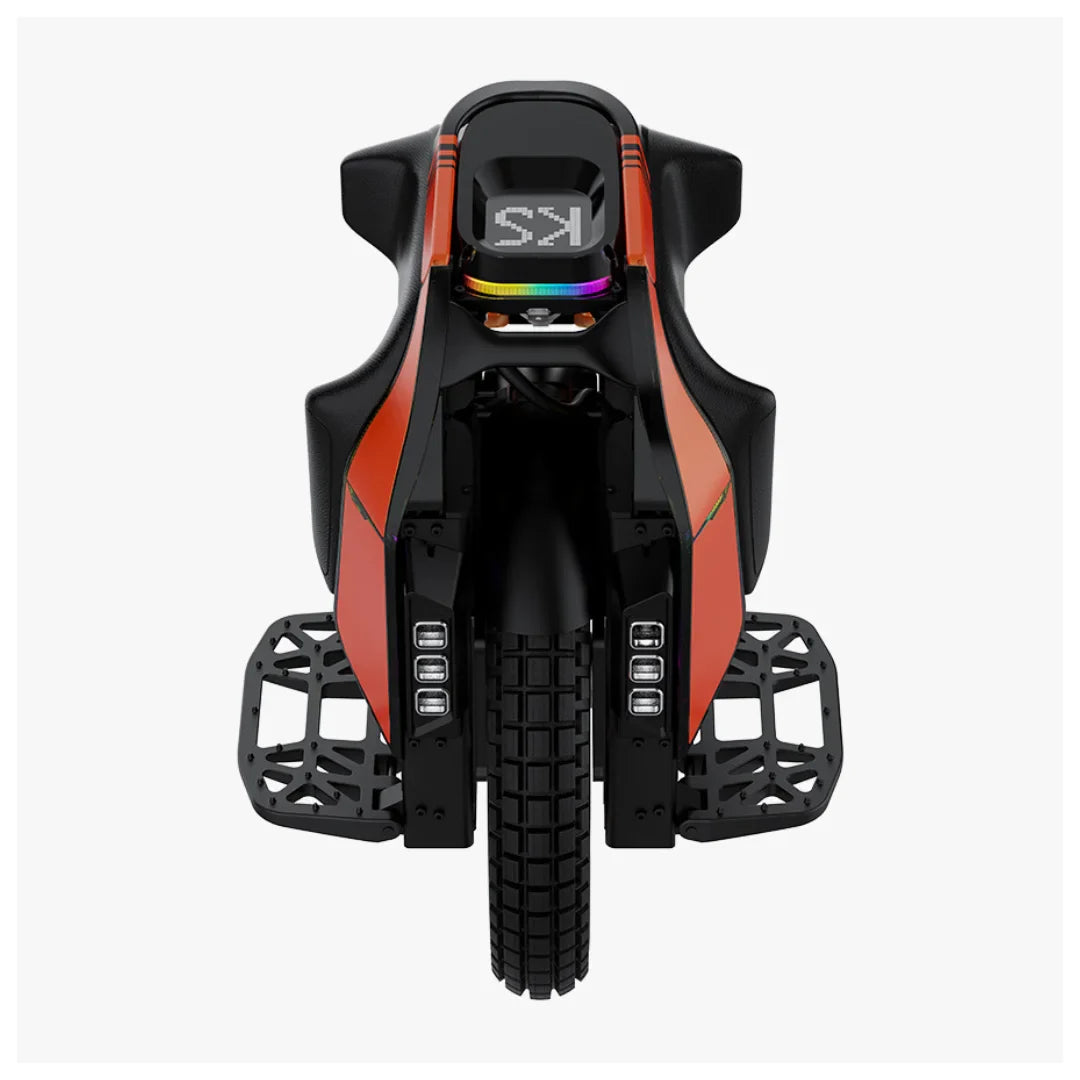 The product in the image is an Electric Unicycle (EUC), brand KingSong, model S19. The image shows the front part of the unicycle, which has a sporty design and is colored in red and black tones. The foot platforms and LED lights are also visible, adding to its aesthetic appeal and functionality. The unicycle is designed for comfortable riding and dynamic experiences.