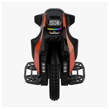 The product in the image is an Electric Unicycle (EUC), brand KingSong, model S19. The image shows the front part of the unicycle, which has a sporty design and is colored in red and black tones. The foot platforms and LED lights are also visible, adding to its aesthetic appeal and functionality. The unicycle is designed for comfortable riding and dynamic experiences.