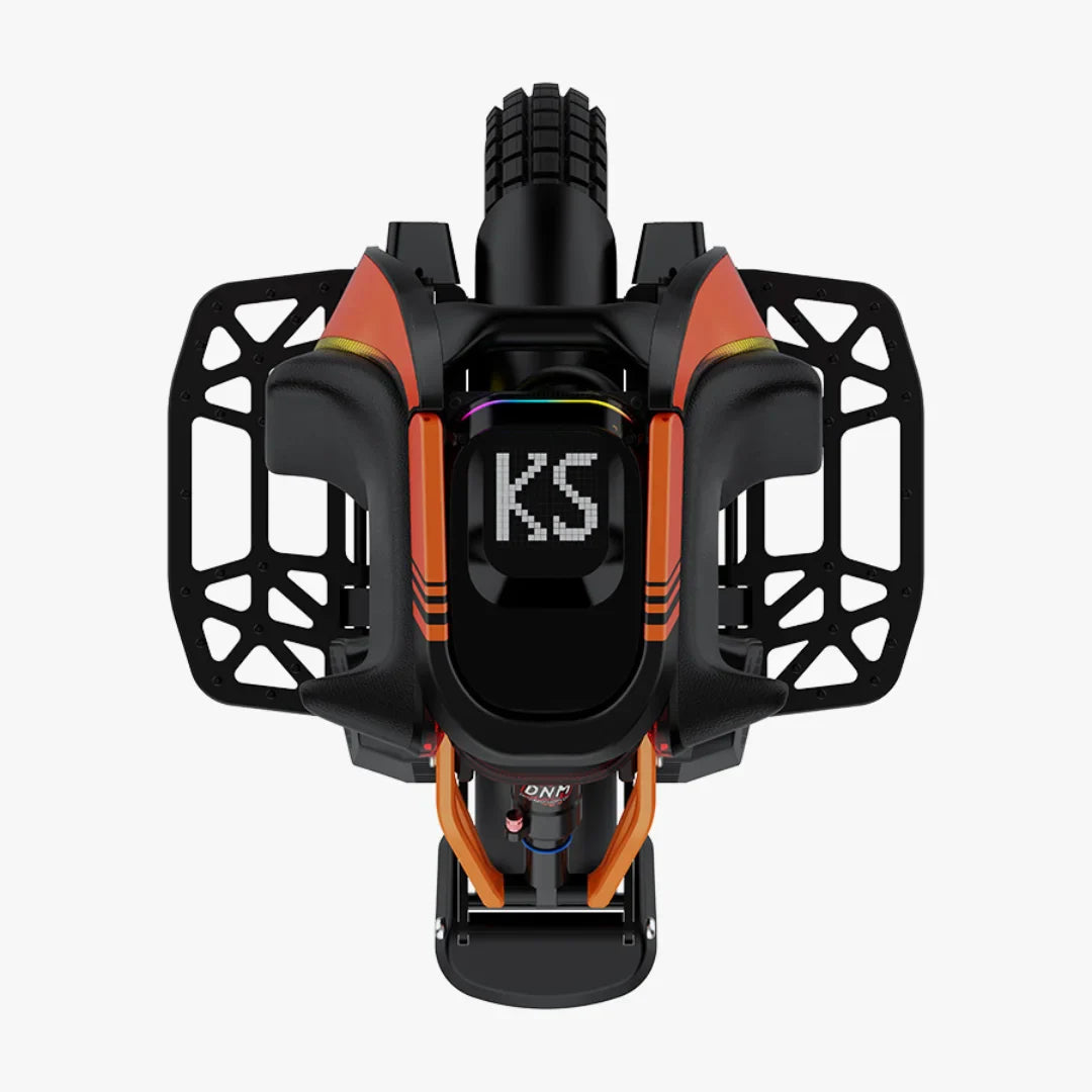 The product in the image is an electric unicycle, model KingSong S19. The image shows the top view of the unicycle, which features a robust construction and modern design. Visible characteristics include a wide tire, ergonomic handles, and the "KS" logo in the center, indicating the high quality and performance of this vehicle.