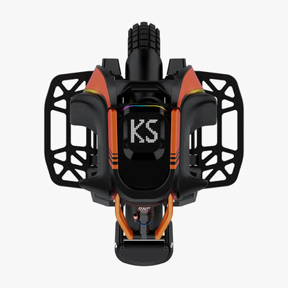 The product in the image is an electric unicycle, model KingSong S19. The image shows the top view of the unicycle, which features a robust construction and modern design. Visible characteristics include a wide tire, ergonomic handles, and the "KS" logo in the center, indicating the high quality and performance of this vehicle.