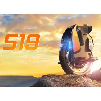 The product is an Electric unicycle, KingSong brand, model S19. The image shows the unicycle standing on a rock with a picturesque sunset in the background. The unicycle features a modern design with LED lights and a robust wheel, indicating its performance and stability.