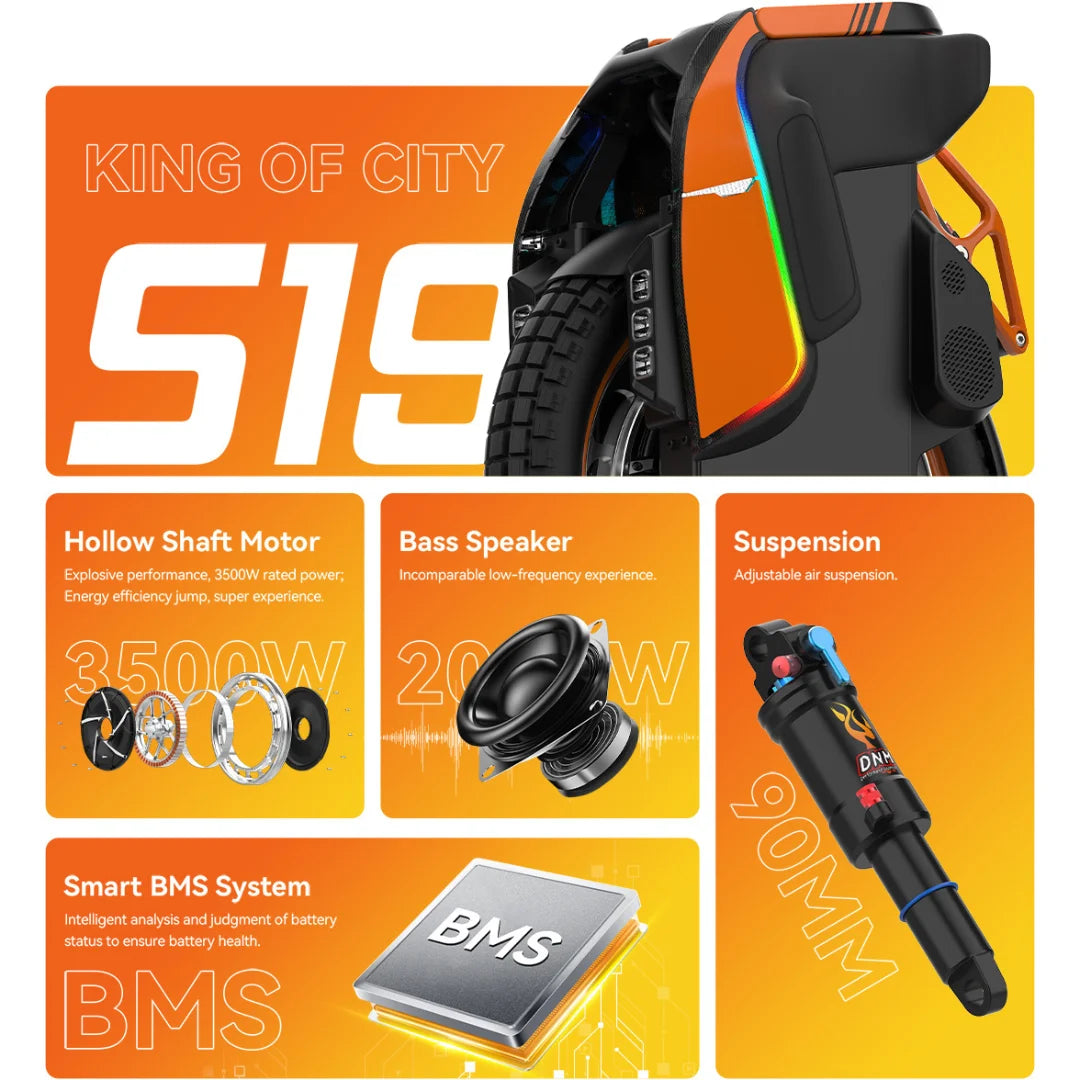 The product pictured is an electric unicycle, brand KingSong, model S19. The image highlights key features such as a 3500 W motor, a bass speaker, and adjustable air suspension. The unicycle features a modern design in orange with LED lights and a robust tire, indicating its performance and riding comfort.