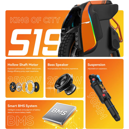 The product pictured is an electric unicycle, brand KingSong, model S19. The image highlights key features such as a 3500 W motor, a bass speaker, and adjustable air suspension. The unicycle features a modern design in orange with LED lights and a robust tire, indicating its performance and riding comfort.