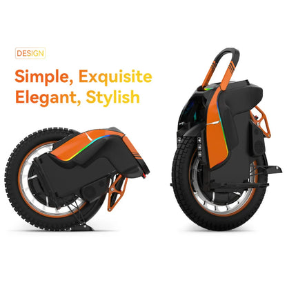 The product is an Electric unicycle, KingSong brand, model S19. The image shows the unicycle in two positions, with an elegant and modern design. It features a wide wheel with a robust tread and orange and black color details, giving it a sporty look. Lighting elements and a handle for easy carrying are visible on the front.