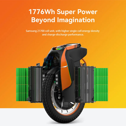The product is an Electric Unicycle (EUC), brand KingSong, model S19. The image shows the unicycle, highlighting its powerful battery system, which includes Samsung 21700 cells. It features large wheels and a modern design, indicating high performance and long-lasting use. The background is light orange, further emphasizing the product's shape and technology.