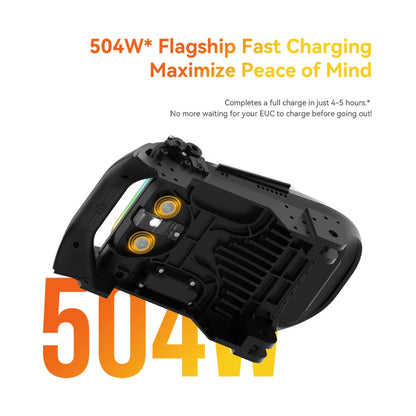 The product is an Electric unicycle, KingSong S19 Pro model. The image shows the underside of the unicycle, where details such as light indicators and part of the fast-charging system are visible. The charging power of 504W is also mentioned, allowing for fast charging in 4-5 hours.