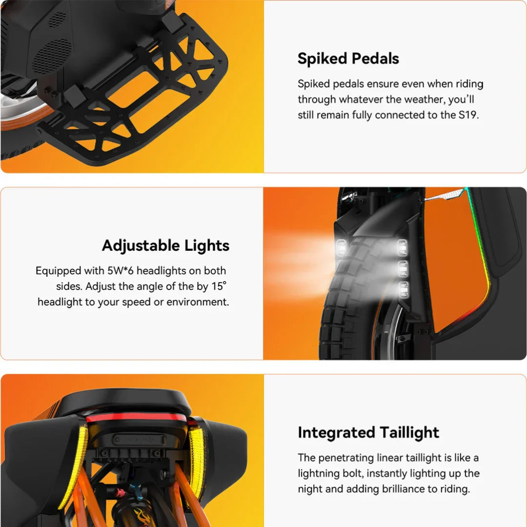 The product is an Electric Unicycle, KingSong S19 Pro model. The image displays various elements of the unicycle, including pedal pins for excellent grip, adjustable lights for better visibility, and an integrated taillight that improves safety during night rides.