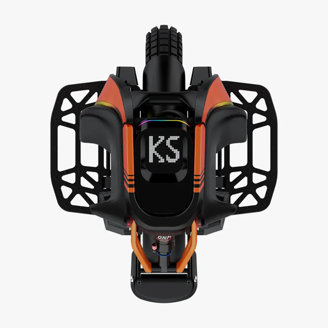 The product is an Electric Unicycle, brand Kingsong, model S19 Pro. The image shows the upper part of the unicycle, which has a robust design with distinctive color details, including orange and black elements. The "KS" logo is also visible, as is part of the wheel, indicating a sporty and powerful look for the product.