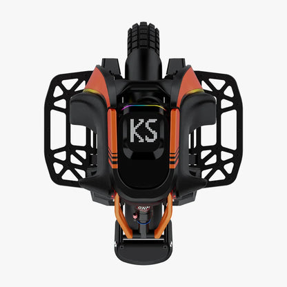 The product is an Electric Unicycle, brand Kingsong, model S19 Pro. The image shows the upper part of the unicycle, which has a robust design with distinctive color details, including orange and black elements. The "KS" logo is also visible, as is part of the wheel, indicating a sporty and powerful look for the product.