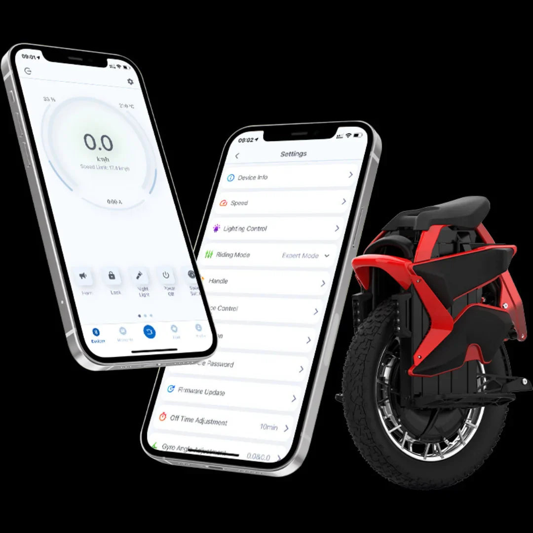 The image shows an electric unicycle, model KingSong S22 Pro. Also visible are two smartphones displaying the app for controlling the unicycle, including speed information and settings. The unicycle is red and features a modern design, indicating its performance and functionality.