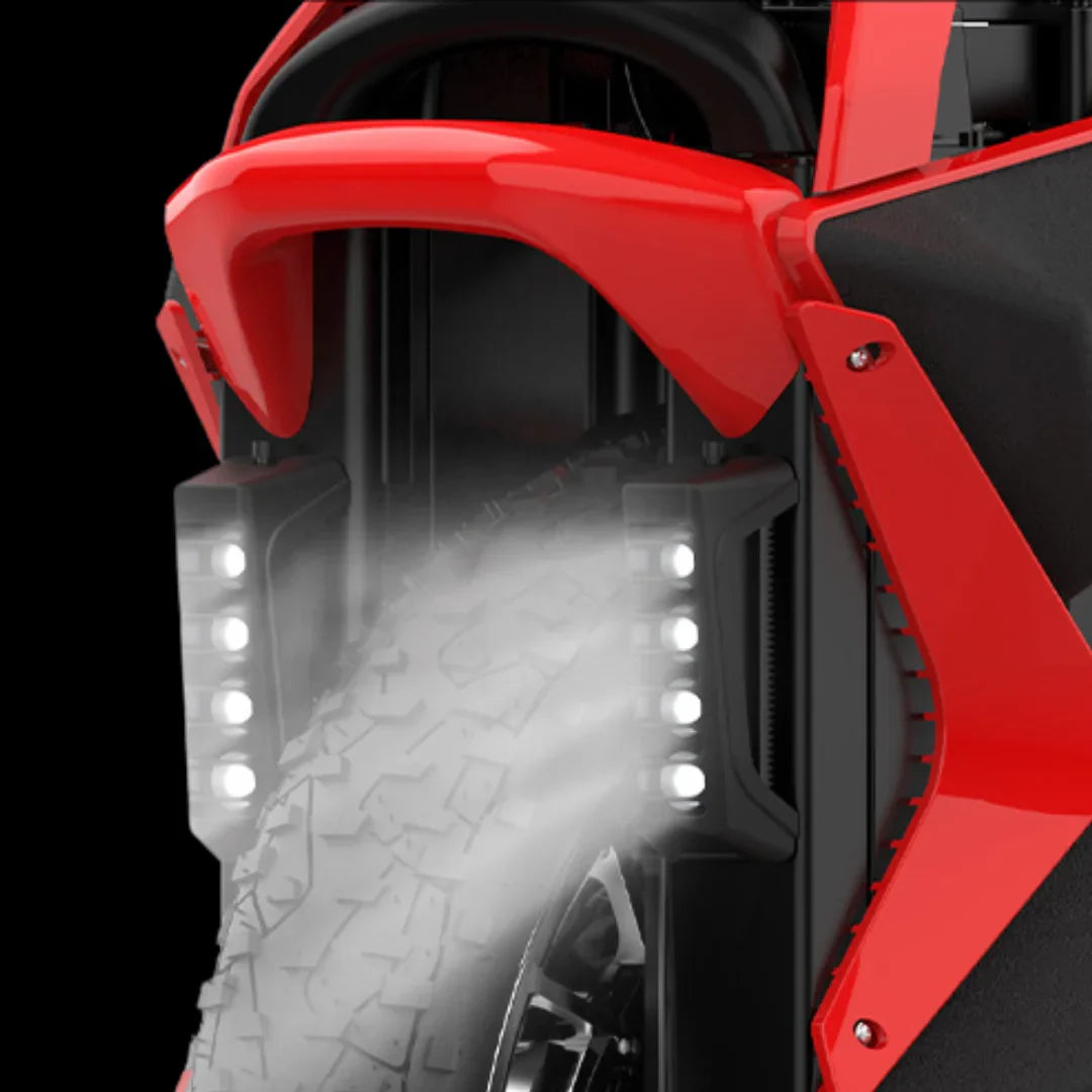 The product is an Electric unicycle (EUC), brand KingSong, model S22 Pro. The image shows the front of the unicycle, with LED lights visible along the sides and part of the wheel featuring a prominent tread, indicating its performance and stability. The red color gives the product a dynamic and sporty appearance.