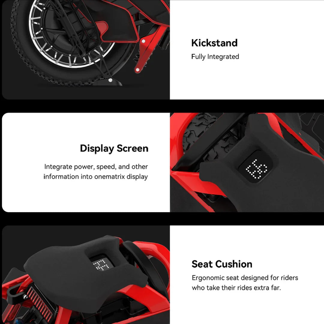 The product is an electric unicycle (EUC), brand KingSong, model S22 Pro. The image displays various elements of the unicycle, including an integrated kickstand, a screen showing power and speed, and an ergonomic seat designed for comfortable long-distance rides. The red color and modern design further enhance its appeal.