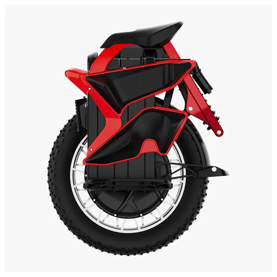 The product in the image is an Electric Unicycle (EUC), model Kingsong S22 Pro. Its compact design is visible, featuring a large wheel and a robust frame in red and black. The image also displays elements that ensure a comfortable ride, such as the seat and protective parts, indicating its usability and stability.