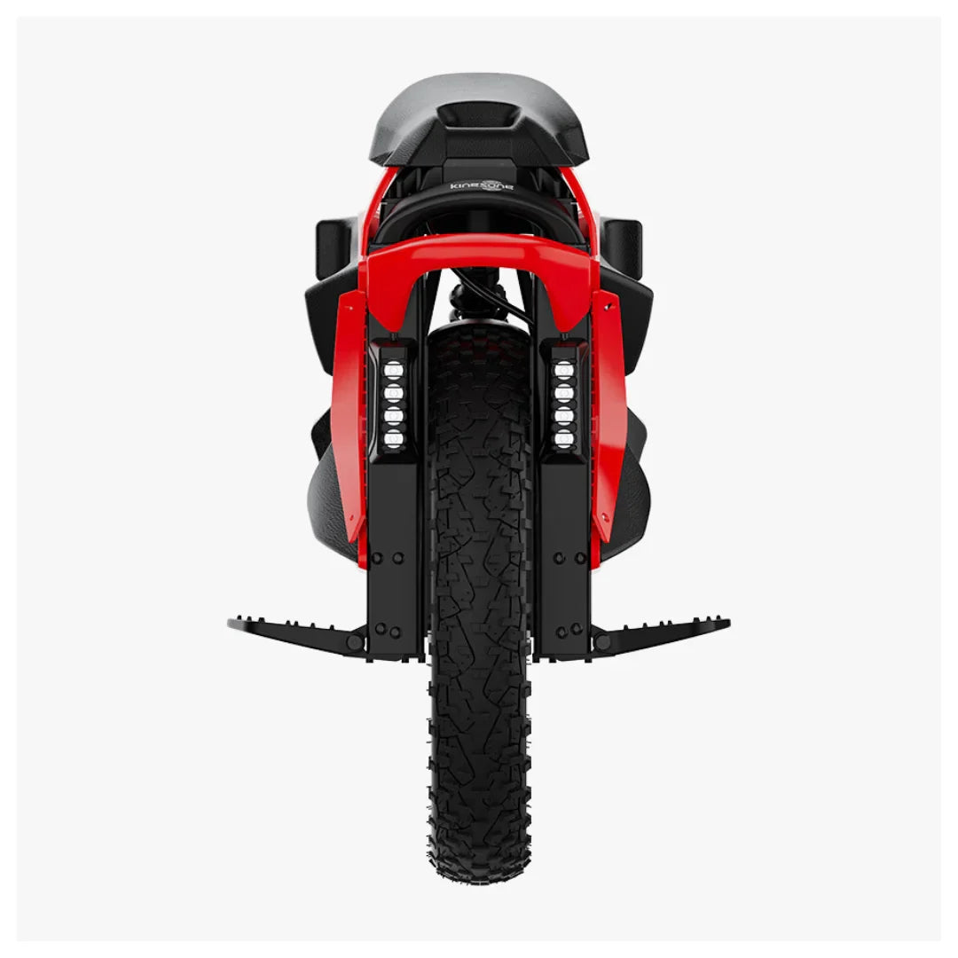 The product in the picture is an electric unicycle, model Kingsong S22 Pro. The rear view of the unicycle is visible in the image, showcasing its red color, large wheel, and robust tire tread. It is equipped with LED lights and stabilization pads on the sides, indicating its functionality and design suitable for various terrains.