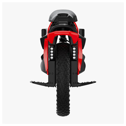 The product in the picture is an electric unicycle, model Kingsong S22 Pro. The rear view of the unicycle is visible in the image, showcasing its red color, large wheel, and robust tire tread. It is equipped with LED lights and stabilization pads on the sides, indicating its functionality and design suitable for various terrains.