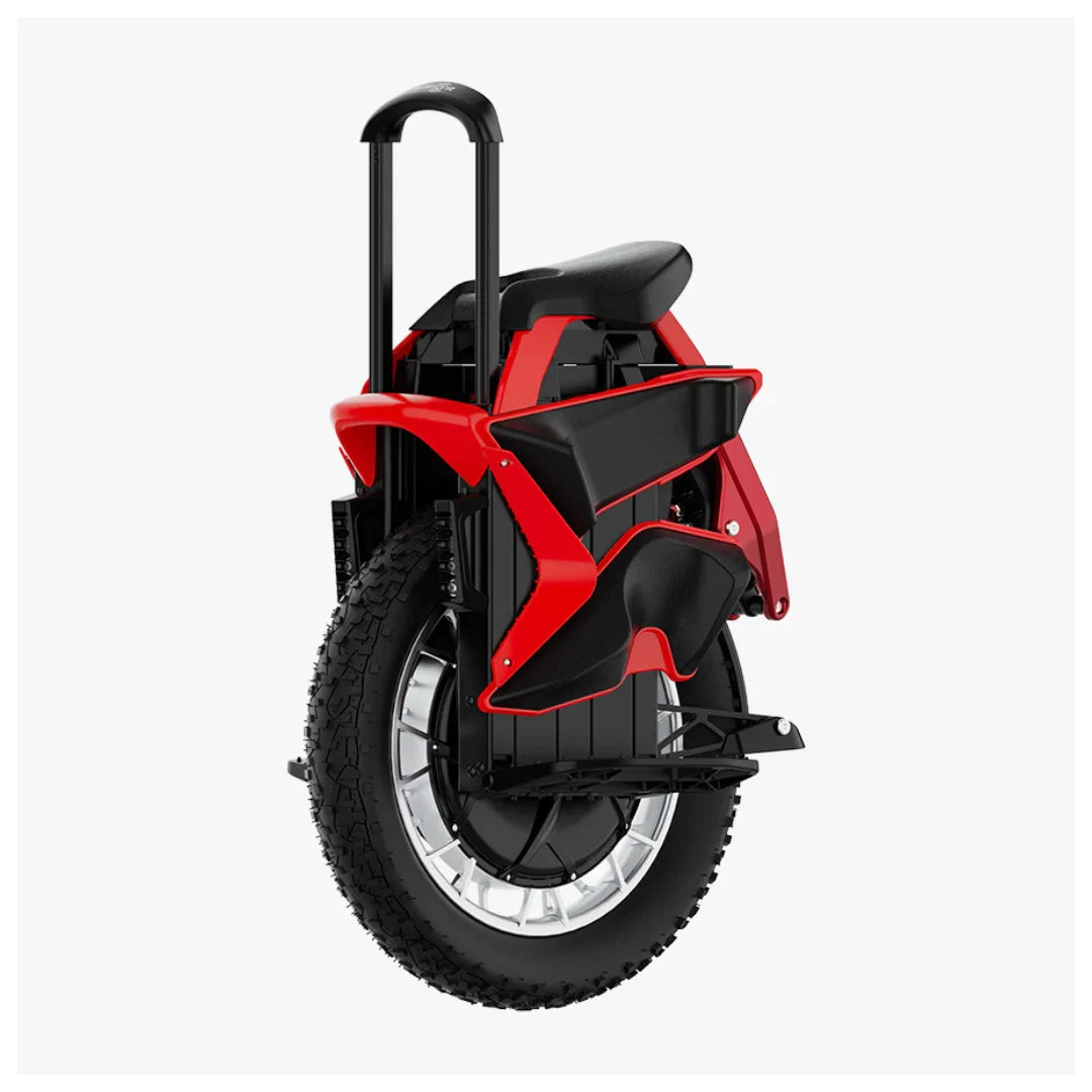 The image shows an Electric unicycle (EUC), model Kingsong S22 Pro. The product features a robust design with a large wheel and a comfortable seat. The red and black color combination gives it a dynamic look, while a handle is visible at the rear for easy portability. The unicycle is designed for easy riding and mobility.