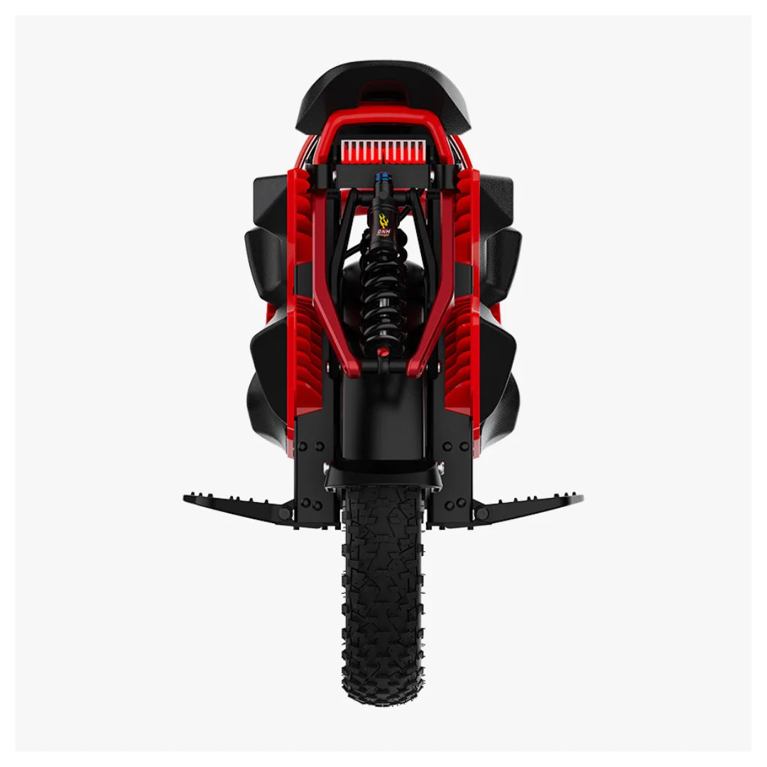 The product is an Electric Unicycle (EUC), brand KingSong, model S22 Pro. The image shows the rear of the unicycle, featuring a robust construction with a wide wheel and suspension, indicating good stability and comfort during rides. The red and black colors add a sporty look, while protective elements and footrests are also visible.