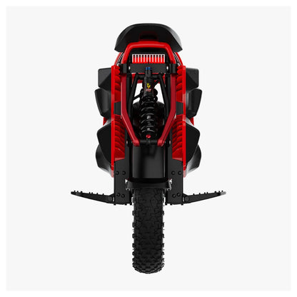 The product is an Electric Unicycle (EUC), brand KingSong, model S22 Pro. The image shows the rear of the unicycle, featuring a robust construction with a wide wheel and suspension, indicating good stability and comfort during rides. The red and black colors add a sporty look, while protective elements and footrests are also visible.