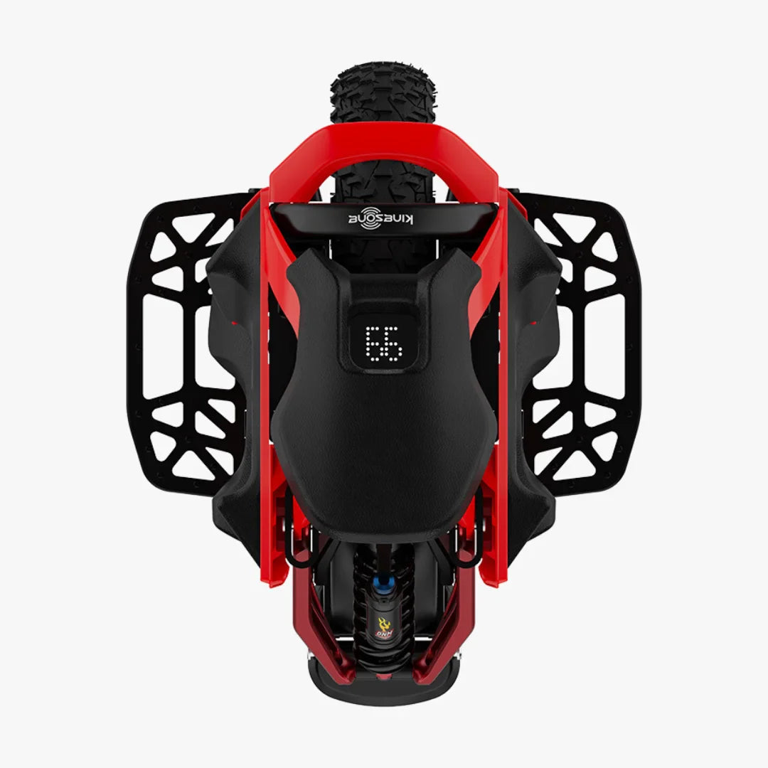 The product is an Electric Unicycle, KingSong model S22 Pro. The image shows a top-down perspective of the unicycle, featuring a robust red frame and wide tires, suggesting its capability on various terrains. A display showing operational information and suspension, which contributes to a comfortable ride, are also visible.