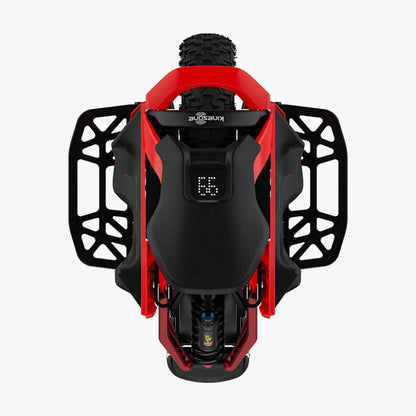 The product is an Electric Unicycle, KingSong model S22 Pro. The image shows a top-down perspective of the unicycle, featuring a robust red frame and wide tires, suggesting its capability on various terrains. A display showing operational information and suspension, which contributes to a comfortable ride, are also visible.