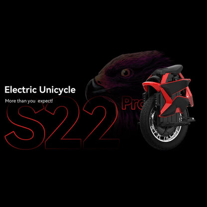 The product is an electric unicycle, KingSong model S22 Pro. The image shows the unicycle in red and black, featuring a modern and aerodynamic design. In the background, a stylized image of an eagle further emphasizes the product's performance and dynamism.