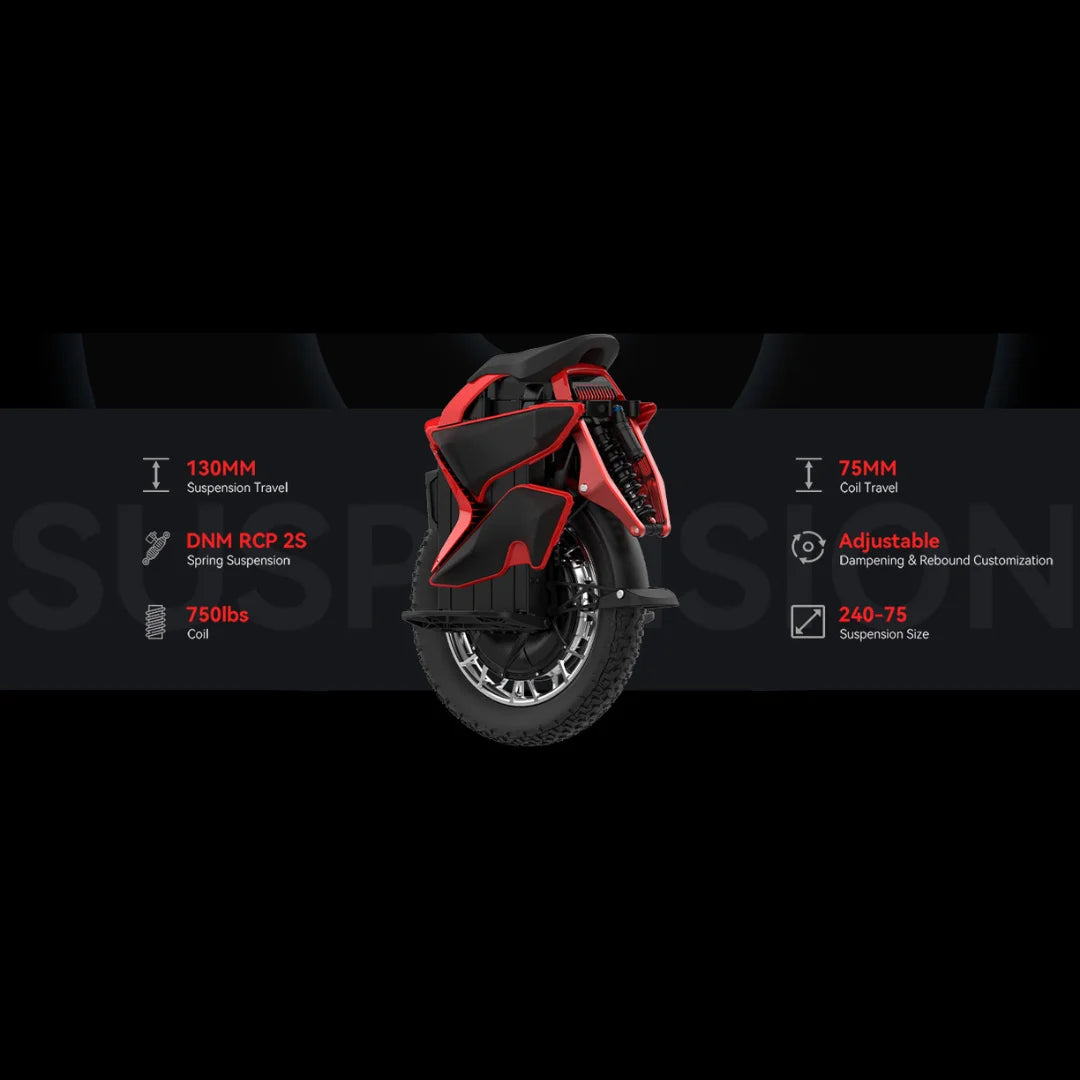 The product is an Electric unicycle (EUC), Kingsong brand, S22 Pro model. The image shows the rear part of the unicycle, which includes a suspension system with features such as 130 mm suspension travel and 75 mm spring travel. It is equipped with DNM RCP 2S spring suspension and allows for damping and rebound adjustment. The unicycle has a robust wheel, indicating its performance and stability.