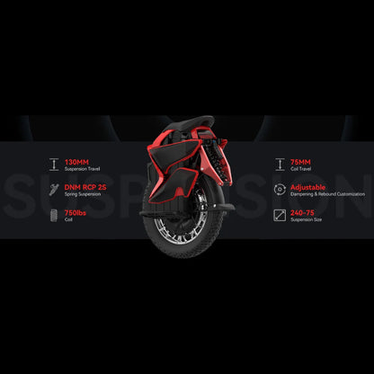 The product is an Electric unicycle (EUC), Kingsong brand, S22 Pro model. The image shows the rear part of the unicycle, which includes a suspension system with features such as 130 mm suspension travel and 75 mm spring travel. It is equipped with DNM RCP 2S spring suspension and allows for damping and rebound adjustment. The unicycle has a robust wheel, indicating its performance and stability.
