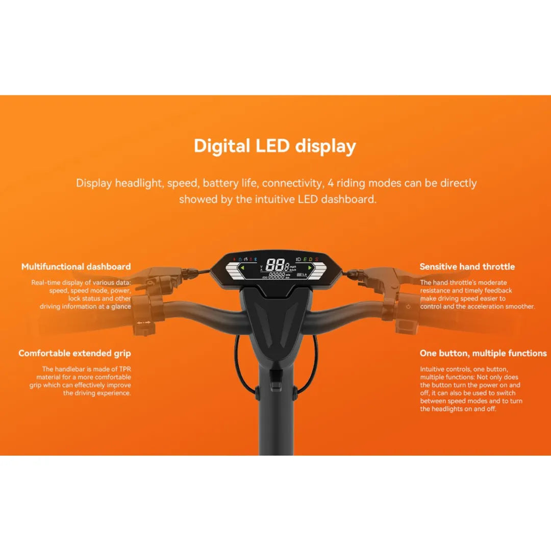 The product is an Electric Scooter, KingSong brand, model N14. The image shows a digital LED display that indicates speed, battery status, and other important information. Also visible are the handlebars with speed control functionalities and a button for various settings, allowing for easy operation between different riding modes.