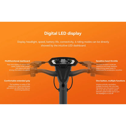 The product is an Electric Scooter, KingSong brand, model N14. The image shows a digital LED display that indicates speed, battery status, and other important information. Also visible are the handlebars with speed control functionalities and a button for various settings, allowing for easy operation between different riding modes.