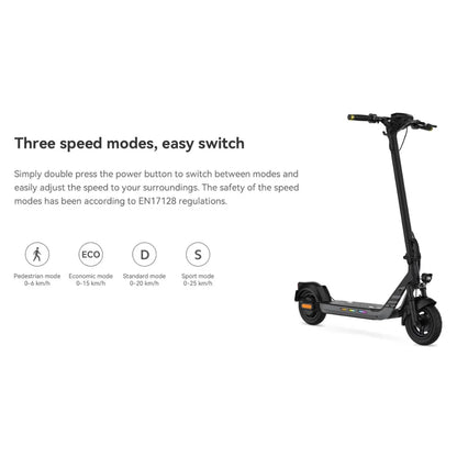 The product is an Electric Scooter Kingsong N14. The image shows a black scooter with an ergonomic design. It's equipped with various speed modes that allow speed adjustment based on the environment, including pedestrian mode, eco mode, standard mode, and sport mode. The control lever and wheels are also visible, indicating its suitability for urban riding.