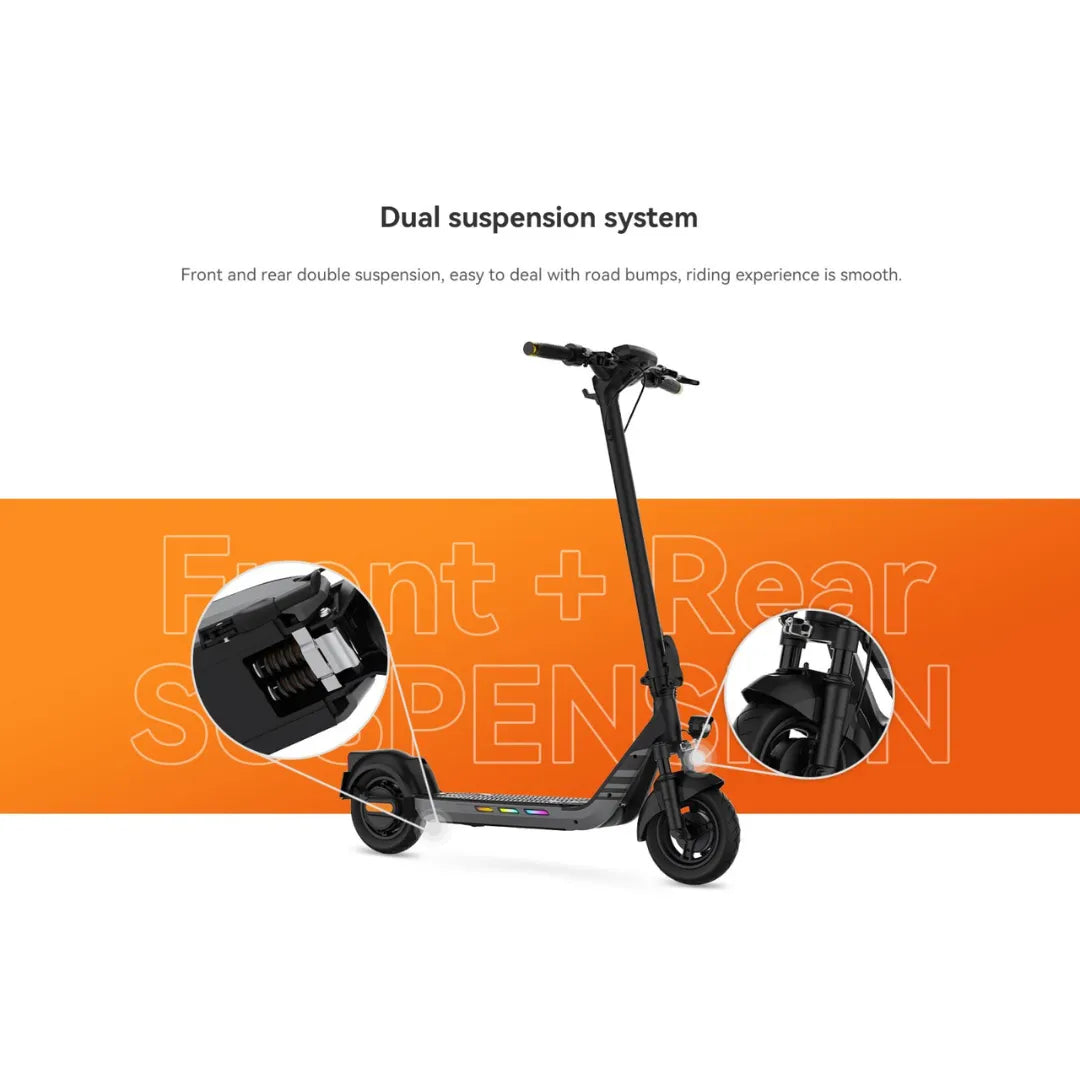 The product is an Electric scooter, brand KingSong, model N14. The image shows the scooter with an emphasis on its dual front and rear suspension system, which allows for a comfortable ride on uneven surfaces. Details of the suspension are also visible, highlighted in circular frames.
