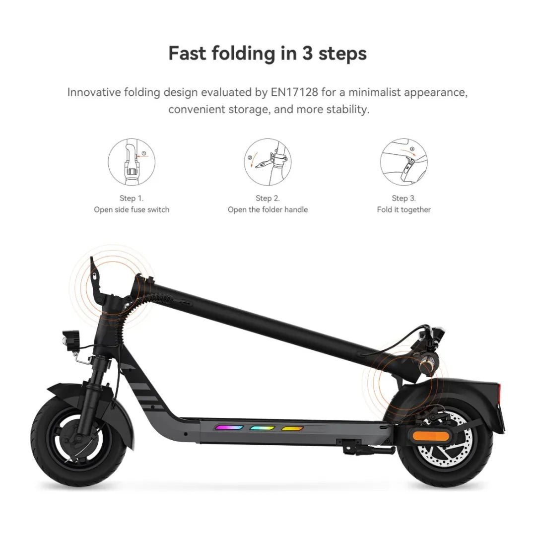 The product pictured is an Electric scooter, Kingsong brand, model N14. The image shows the scooter in its folded state, highlighting its innovative three-step quick-folding system. Details such as the folding handle and wheels are visible, indicating a minimalist design and easy storage and portability.