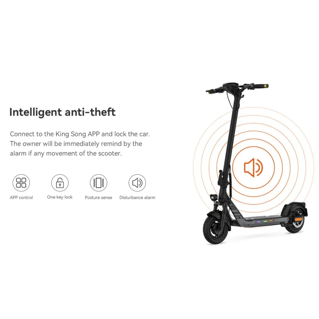 The product is an electric scooter from the brand King Song, model N14. The image shows a scooter with a modern design, which includes functionalities such as an intelligent anti-theft alarm and app control. Details such as the handlebars and wheels are also visible, indicating its usability and mobility.