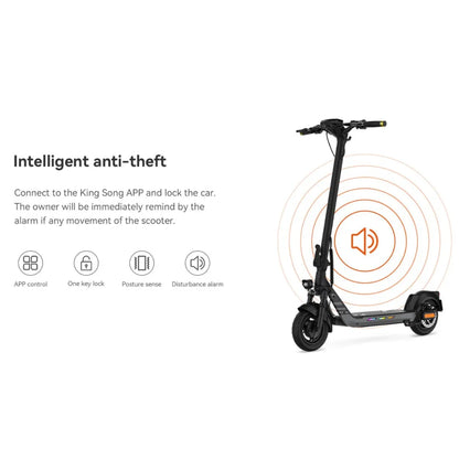 The product is an electric scooter from the brand King Song, model N14. The image shows a scooter with a modern design, which includes functionalities such as an intelligent anti-theft alarm and app control. Details such as the handlebars and wheels are also visible, indicating its usability and mobility.