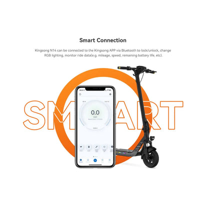The product is an Electric scooter, brand KingSong, model N14. The image shows the scooter next to a phone displaying the KingSong app. The app allows Bluetooth connectivity to manage scooter functions such as locking, changing RGB lighting, and monitoring riding data like speed and remaining battery capacity.