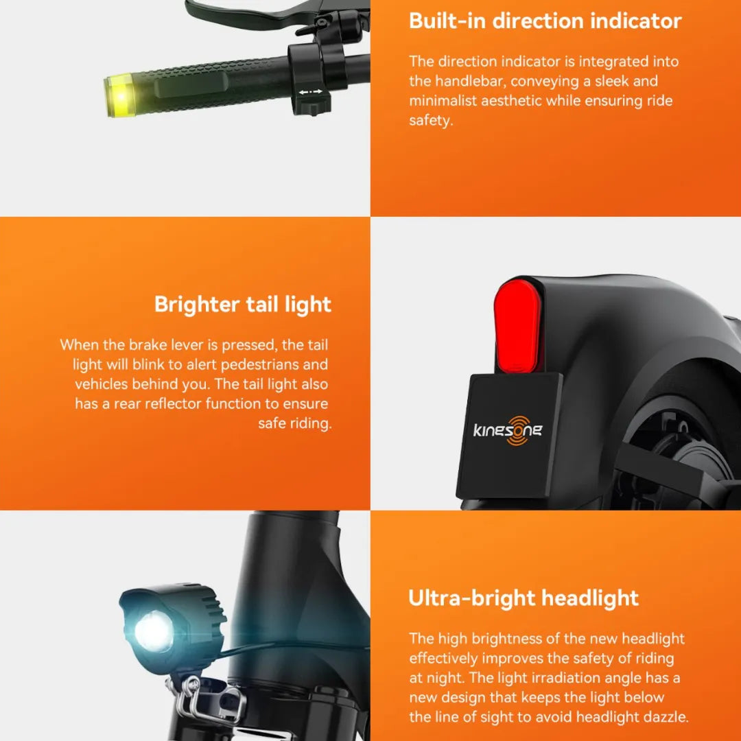 The product is an Electric scooter, brand KingSong, model N14. The image displays various safety features of the scooter, including an integrated turn signal on the handlebars, a bright rear light that flashes when braking, and an ultra-bright front light that improves visibility while riding. All these features contribute to enhanced user safety.