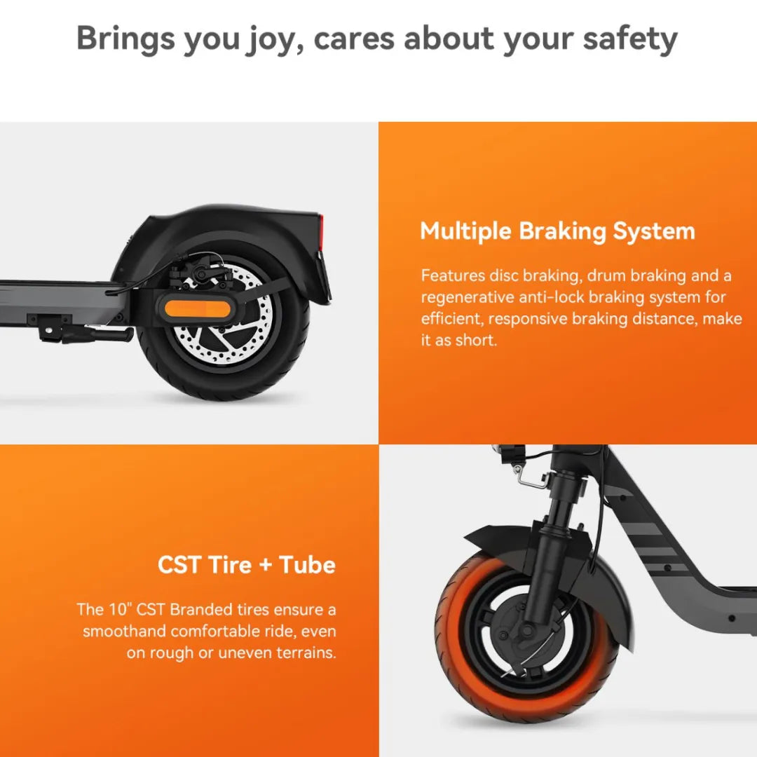 The product is an Electric scooter, brand KingSong, model N14. The image shows the rear part of the scooter, which includes a disc and drum brake, as well as a regenerative braking system. Also visible are 10-inch CST tires, which ensure a comfortable ride even on uneven surfaces. We can conclude that the scooter is designed for safe and efficient riding.