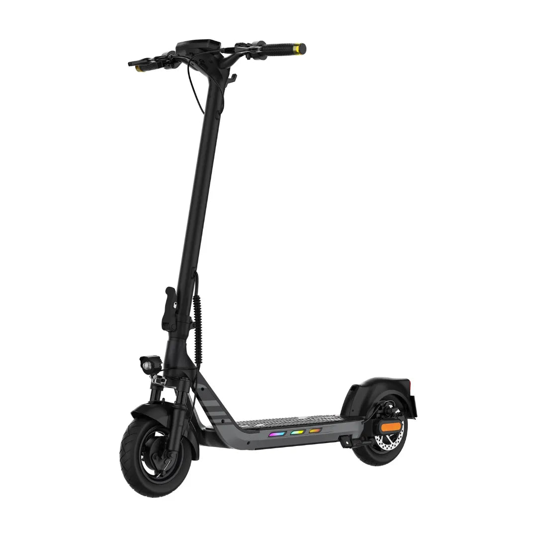 The product in the image is an electric scooter, brand KingSong, model N14. The image shows a black electric scooter with a wide deck and ergonomic handlebars. It features front lights and robust tires, indicating good stability and riding comfort. The overall design is modern and sporty, making it attractive to users.