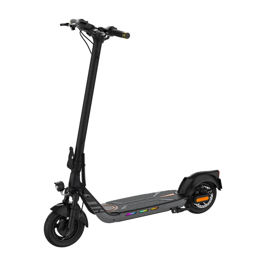 The product pictured is an Electric Scooter by Kingsong, model N14. The image shows the scooter in black, featuring a wide deck for the footboard, ergonomic handlebars, and front and rear wheels. LED lights are also visible on the deck, adding an aesthetic touch and increasing visibility while riding. The overall design is modern and minimalist, characteristic of electric scooters.