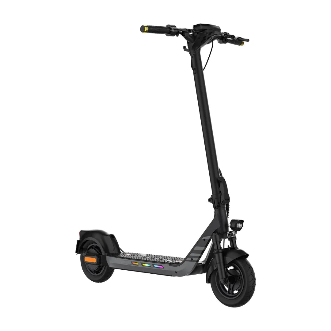The product is an Electric Scooter Kingsong, model N14. The image shows the scooter in black, with high handlebars, a wide footboard, and robust wheels. A light is installed on the front, indicating the possibility of riding in low-light conditions. The scooter also features colored LED lights on the deck, adding an aesthetic touch.