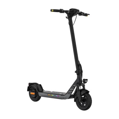 The product is an Electric Scooter Kingsong, model N14. The image shows the scooter in black, with high handlebars, a wide footboard, and robust wheels. A light is installed on the front, indicating the possibility of riding in low-light conditions. The scooter also features colored LED lights on the deck, adding an aesthetic touch.