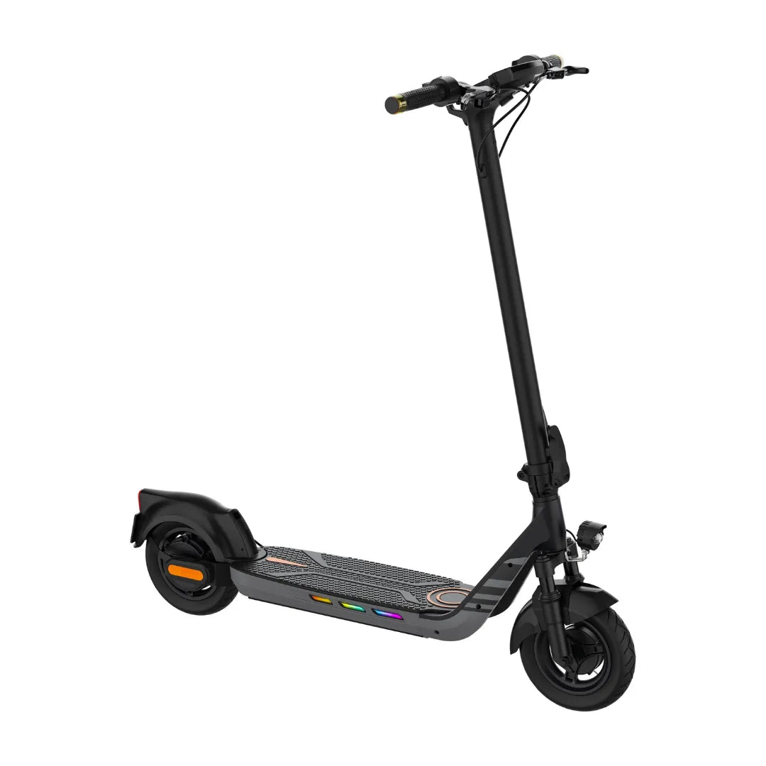 The product is an Electric Scooter, brand KingSong, model N14. The image shows the modern design of the scooter with a flat deck/footboard, ergonomically shaped handlebars, and wide tires. The color combination is predominantly black, with luminous elements on the deck/footboard, giving the scooter a dynamic look. There is also a light on the front, which increases visibility when riding in low-light conditions.
