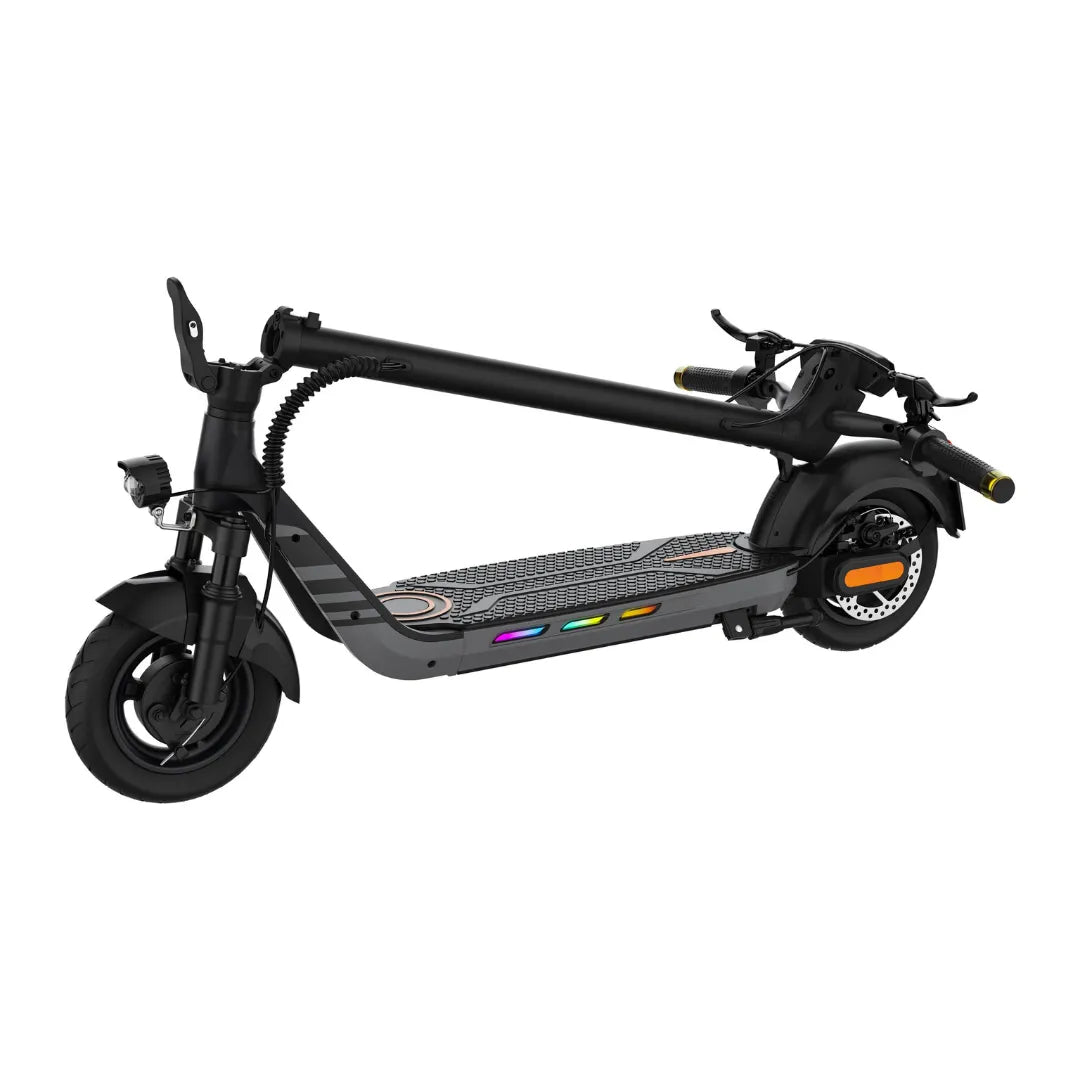 The product is an Electric Scooter Kingsong, model N14. The image shows the scooter in black, with a wide deck featuring LED lighting. The handlebars with grips, along with the front and rear wheels, are also visible, indicating a robust design and comfortable ride.