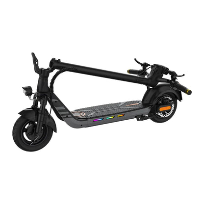 The product is an Electric Scooter Kingsong, model N14. The image shows the scooter in black, with a wide deck featuring LED lighting. The handlebars with grips, along with the front and rear wheels, are also visible, indicating a robust design and comfortable ride.