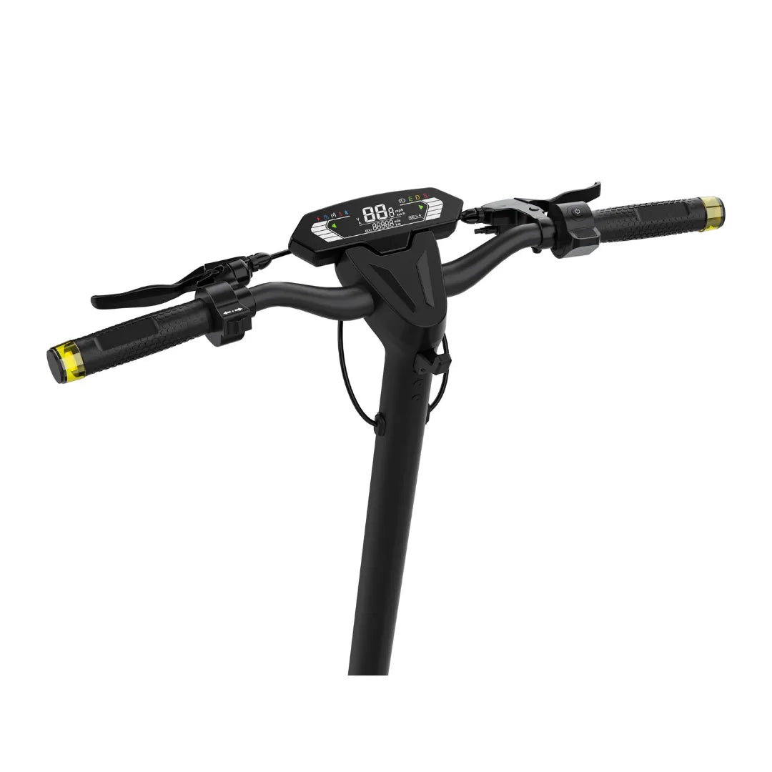 The product is an Electric Scooter, brand Kingsong, model N14. The image shows a part of the scooter's handlebars, where the grips, a display with speed and distance traveled data, and control elements for operation are visible. The overall design is elegant and modern, suggesting functionality and comfort during the ride.