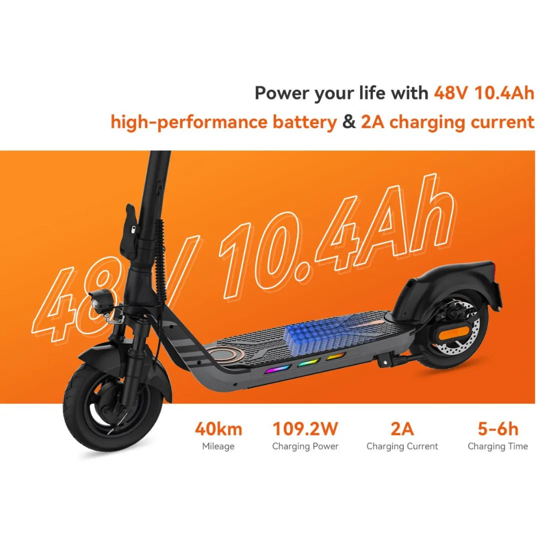 The product is an Electric Scooter from the brand Kingsong, model N14. The image shows a scooter with a black frame, wide wheels, and a deck with multi-color lighting. Performance data is also visible, including a voltage of 48V and a battery capacity of 10.4Ah, allowing a range of up to 40 km. Charging information, such as 109.2W power and a charging time of 5 to 6 hours, is also mentioned.