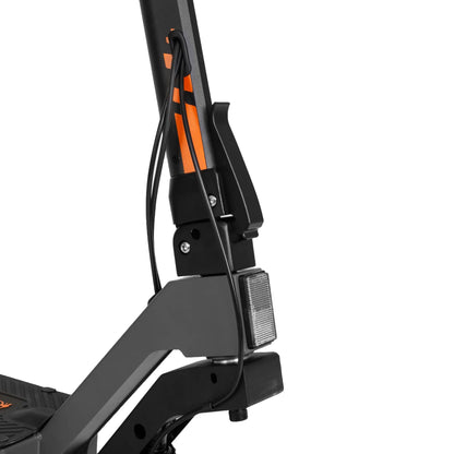 The image shows an Electric Scooter KuKirin G2. The rear of the scooter is visible, featuring the folding mechanism, cables, and a reflector light. The construction is robust, with clearly marked elements for ease of use and safety.