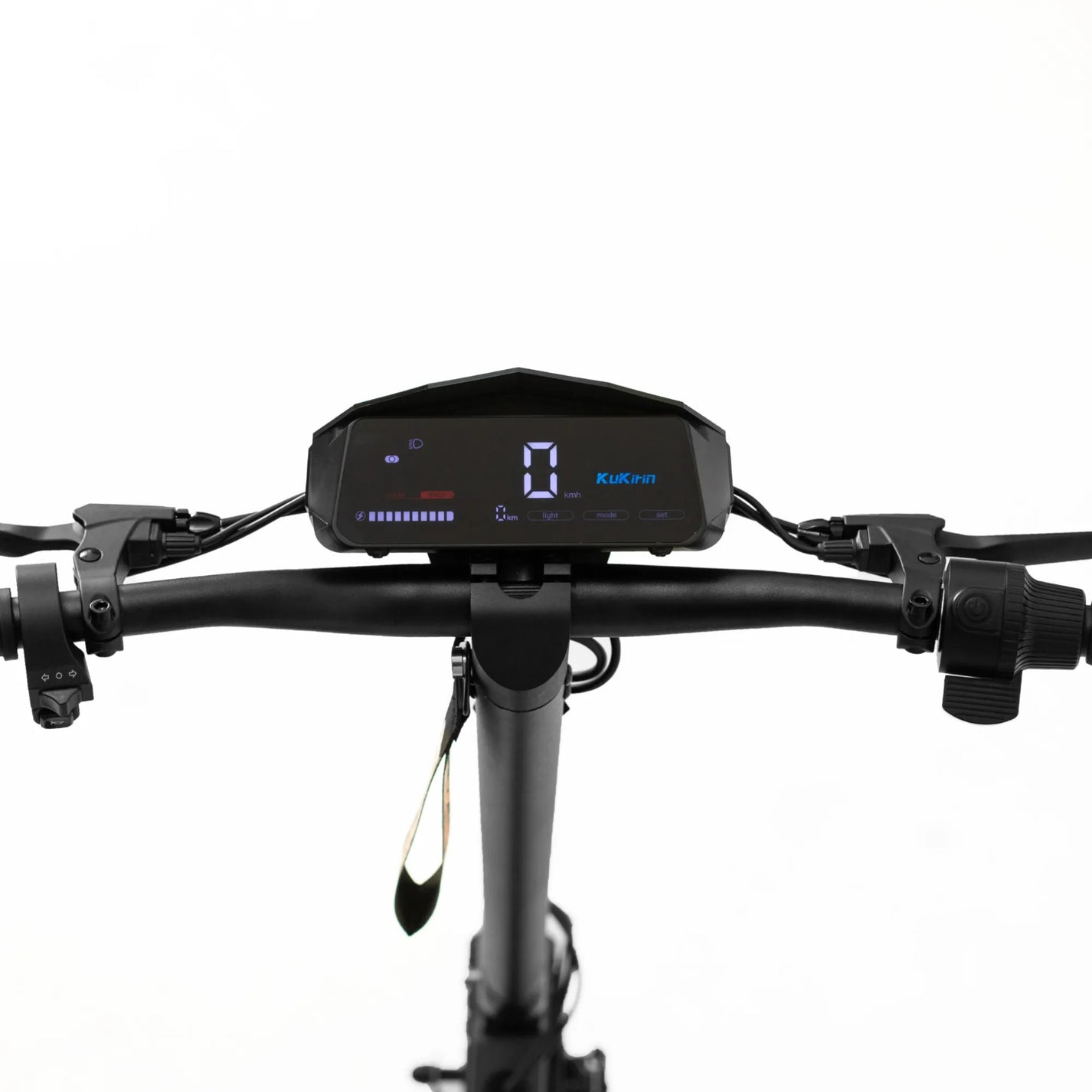 The product in the image is an electric scooter, model KuKirin G2. The image shows the handlebar area of the scooter, where the digital display, grips, and controls are visible. The display shows the speed and battery level, allowing the user to easily monitor the scooter's operation. The overall design is minimalist and modern, which is characteristic of this type of electric device.