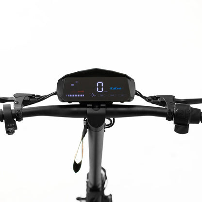 The product in the image is an electric scooter, model KuKirin G2. The image shows the handlebar area of the scooter, where the digital display, grips, and controls are visible. The display shows the speed and battery level, allowing the user to easily monitor the scooter's operation. The overall design is minimalist and modern, which is characteristic of this type of electric device.