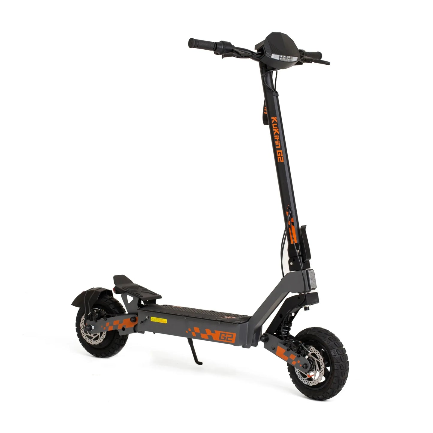 The product shown in the picture is an Electric Scooter KuKirin G2. The image displays the scooter's design, which includes a wide deck/footboard, robust tires, and handlebars. The black and orange color combination gives it a dynamic look, while a display screen is also visible on the handlebars.